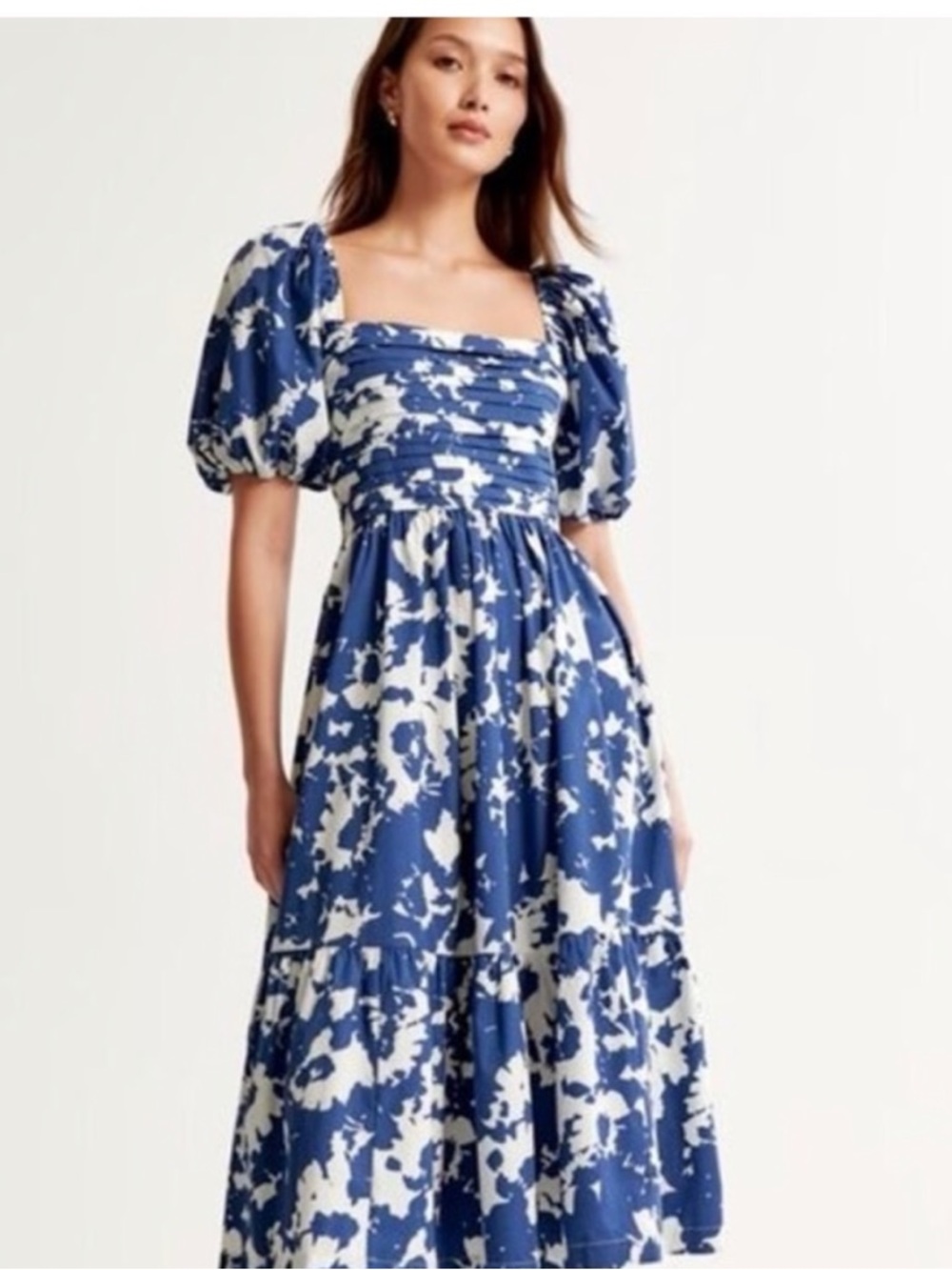 Abercrombie Emerson Poplin Puff Sleeve Midi Dress Blue Floral
